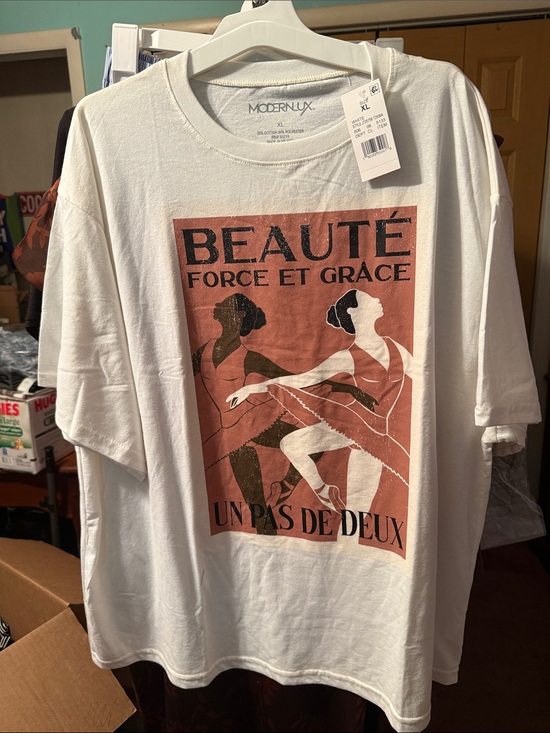 Modern Lux Tops - Modern Lux White Tee with Red Graphic Ballet Print